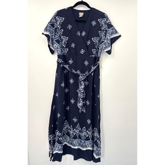 Chico's Maxi Kimono Belt Dress Batik Navy Sz 1 (8) Petite NEW - Picture 1 of 8